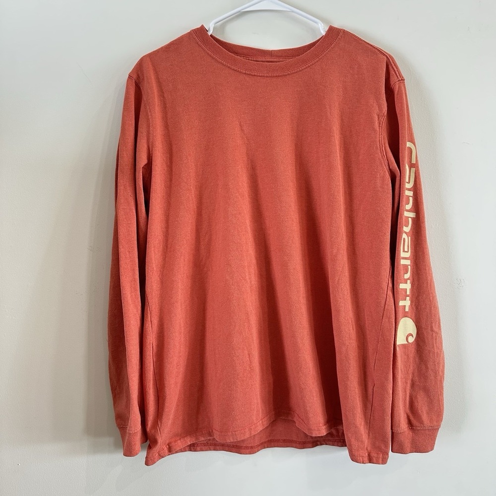Carhartt‎ Girls Large 12-14 Loose Fit Long Sleeved Orange White Shirt